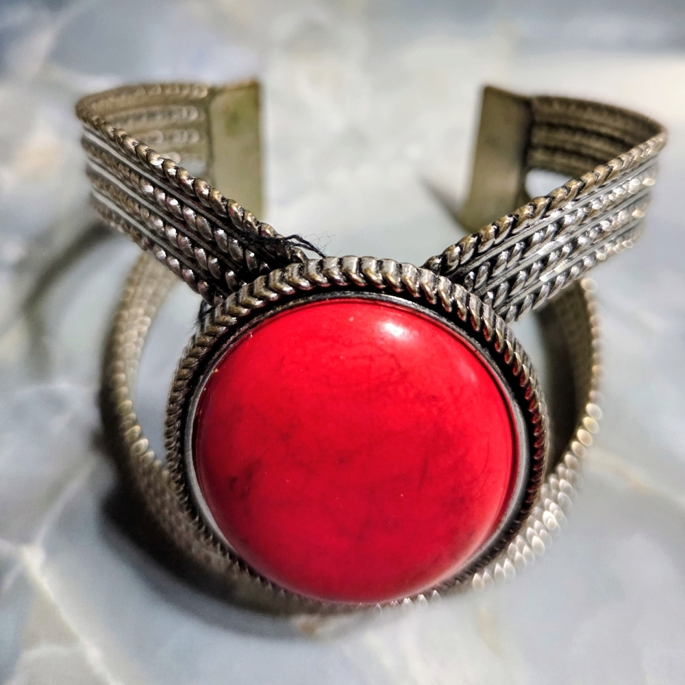 paparazzi Silver-Tone Cuff Bracelet with Bright Red Stone